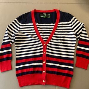 C.Wonder Striped Cotton Cardigan with Gold Logo Buttons. Red/White/Blue. Size XS